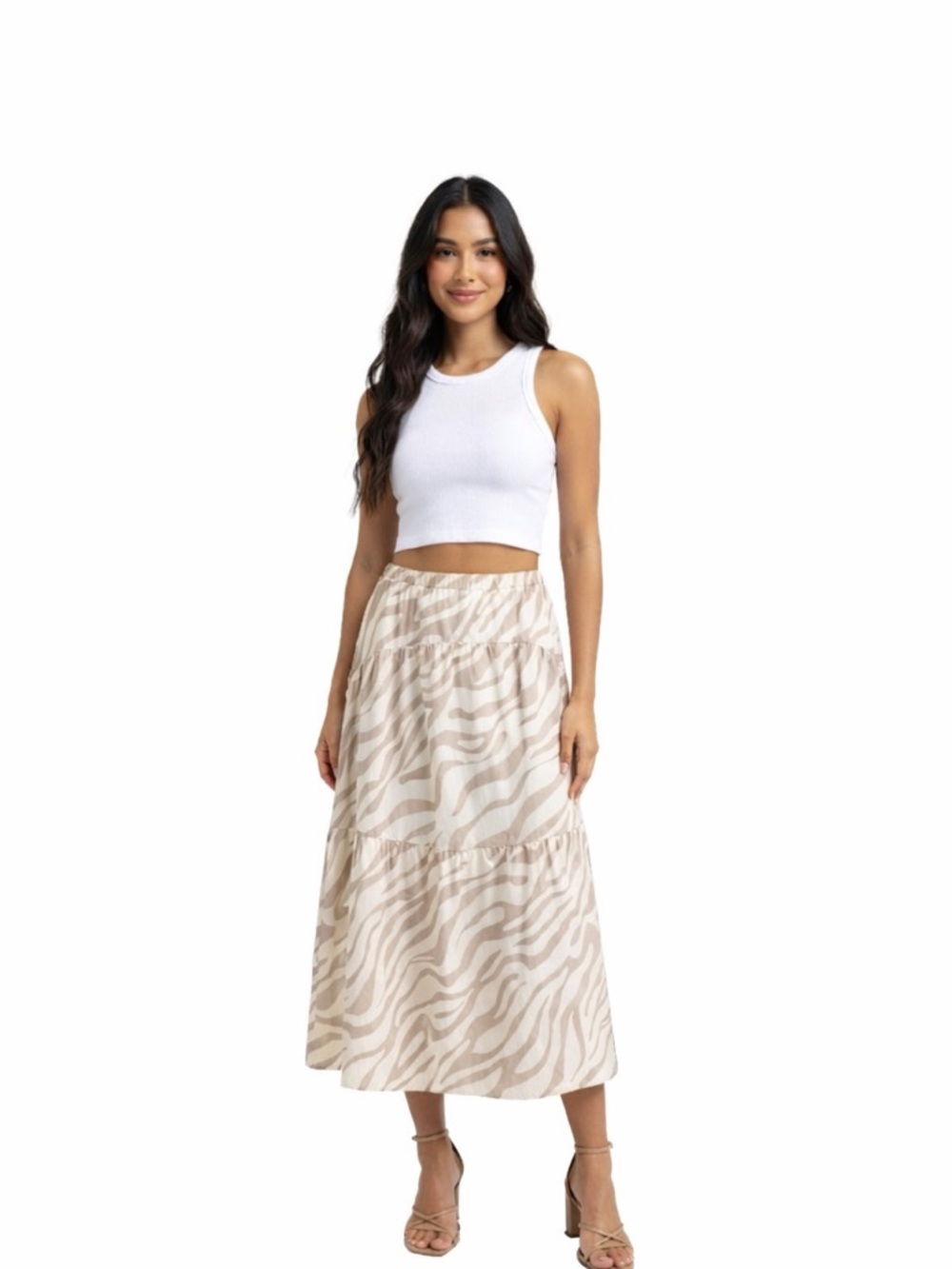 CeCe Zebra Print Midi Skirt Size Large Neutral Tan Tiered Elastic Waist Boho